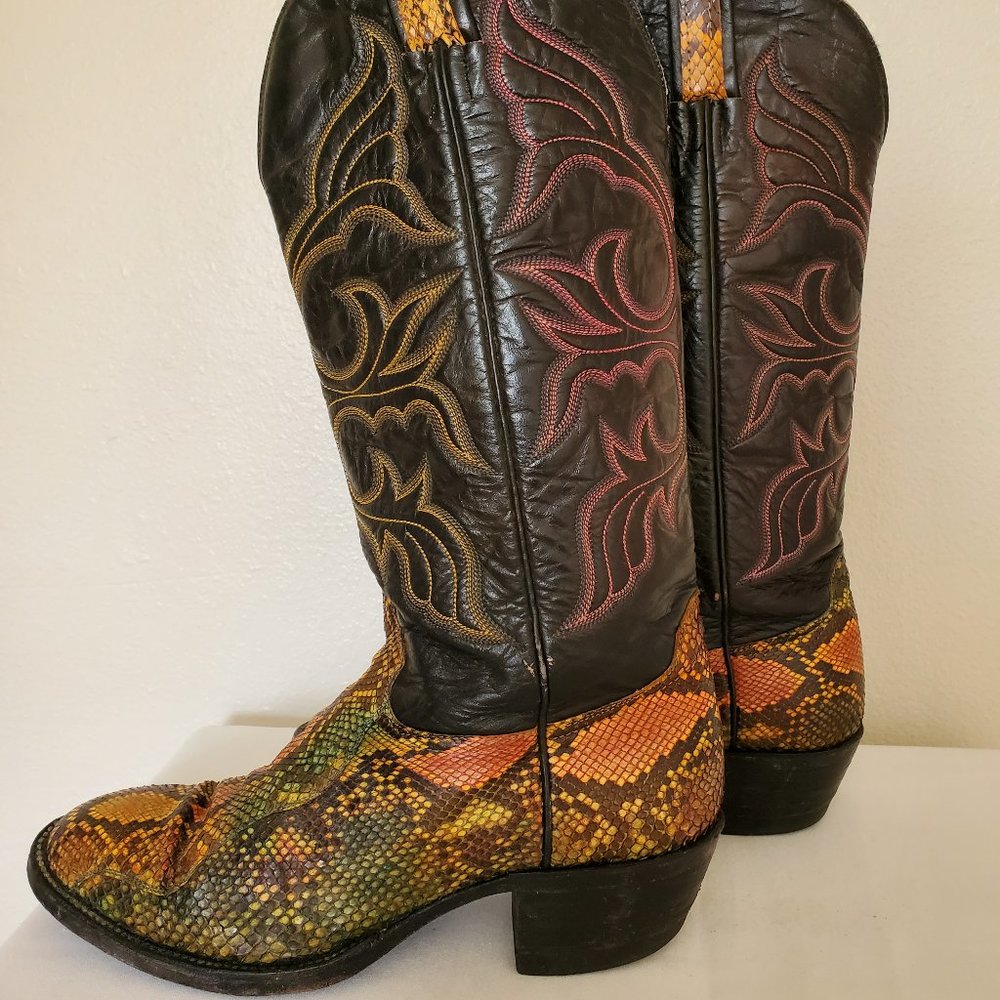 Anaconda 7 1/2 painted green yellow orange black western cowboy boots snakeskin - Picture 7 of 10